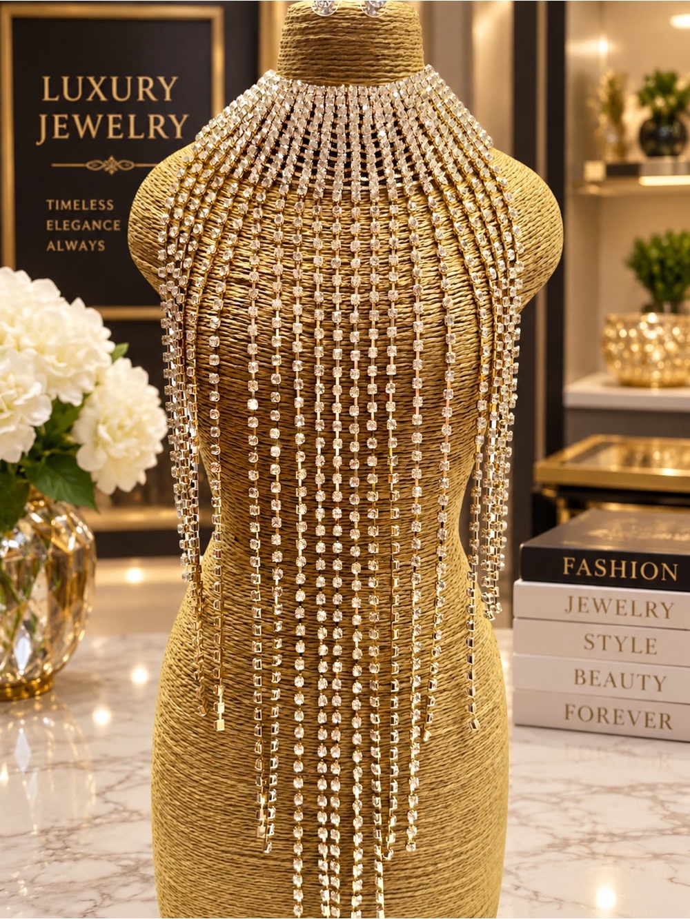Luxury Gold Crystal Fringe Statement Necklace